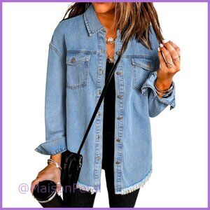 Oversized Denim Jacket Distressed Long Sleeve Button Closure Cotton Polyester